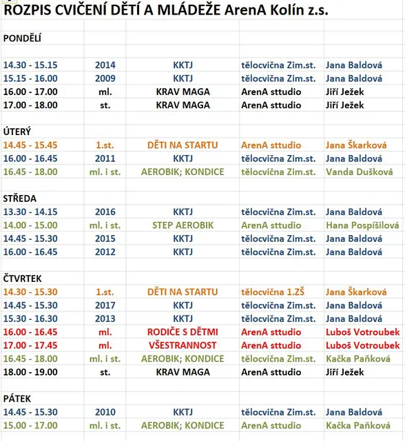 Rozpis lekcí studia ArenA Kolín