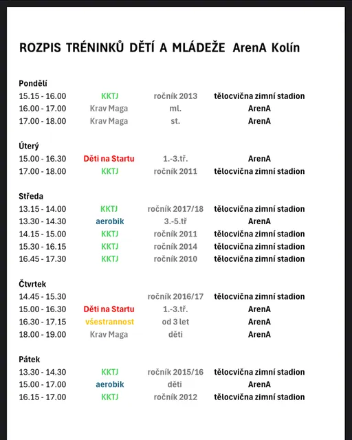 Rozpis tréninků dětí a mládeže